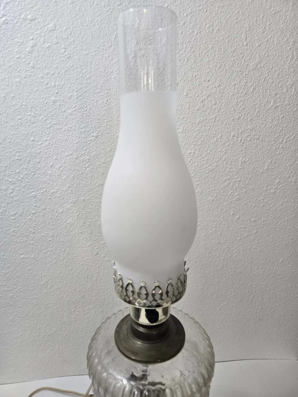 Vintage Glass Hurricane Table Lamp - White Frosted Shade